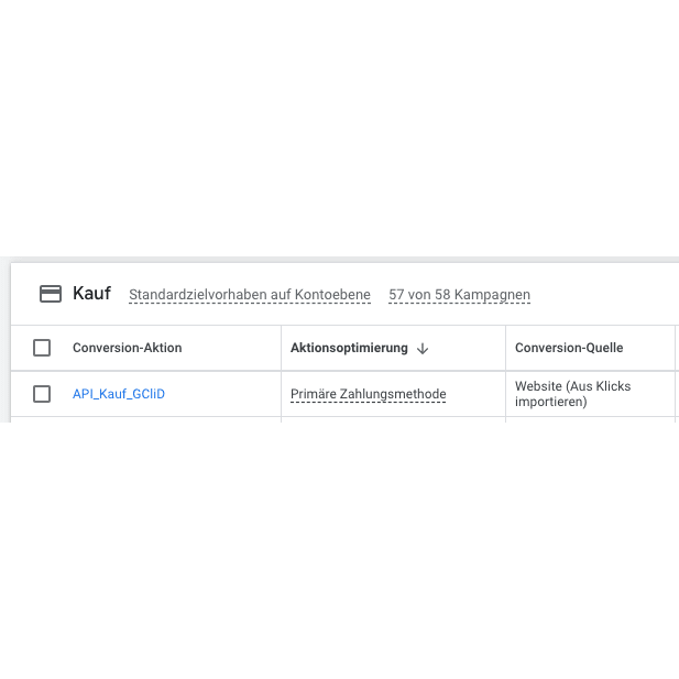 Screenshot of a digital interface showing purchase settings for campaigns from Weclapp to Google Offline Conversion Upload, with options for conversion action, action optimization, and conversion source, presented in German by Altruan.