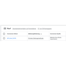 Screenshot of a digital interface showing purchase settings for campaigns from Weclapp to Google Offline Conversion Upload, with options for conversion action, action optimization, and conversion source, presented in German by Altruan.
