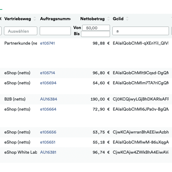 Screenshot of a digital document displaying a list of transactions with columns for selection, type of business, customer ID, amount, and currency. Each row shows different transaction details related to Altran – Weclapp to Google Offline Conversion Upload.