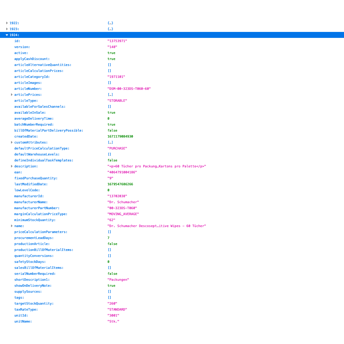 Text-based photo of an information board layout showing a configuration for a website with Altruan ArtikelMeister Feed: Weclapp Article JSON / CSV Feed. It contains several fields like "id," "type," and