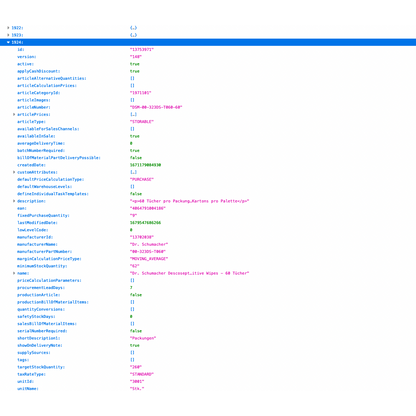 Text-based photo of an information board layout showing a configuration for a website with Altruan ArtikelMeister Feed: Weclapp Article JSON / CSV Feed. It contains several fields like "id," "type," and