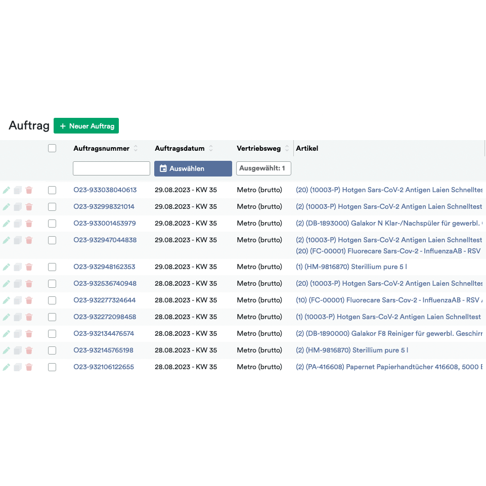 A screenshot of the althouseruan.computer interface displaying a list of orders in tabular form. Each entry shows order number, date, sales channel, and item description with symbols for additional settings and actions.