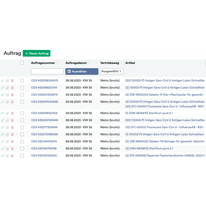 A screenshot of the althouseruan.computer interface displaying a list of orders in tabular form. Each entry shows order number, date, sales channel, and item description with symbols for additional settings and actions.