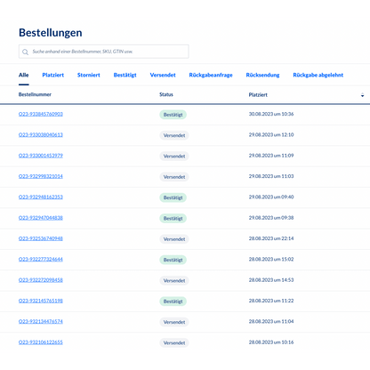 A screenshot of the backend order management system Altruan MetroSync: Metro Market to Weclapp order processing, displaying a table with order numbers and status updates. Each row contains order number, status, SKU, creation date, and time. Most statuses show