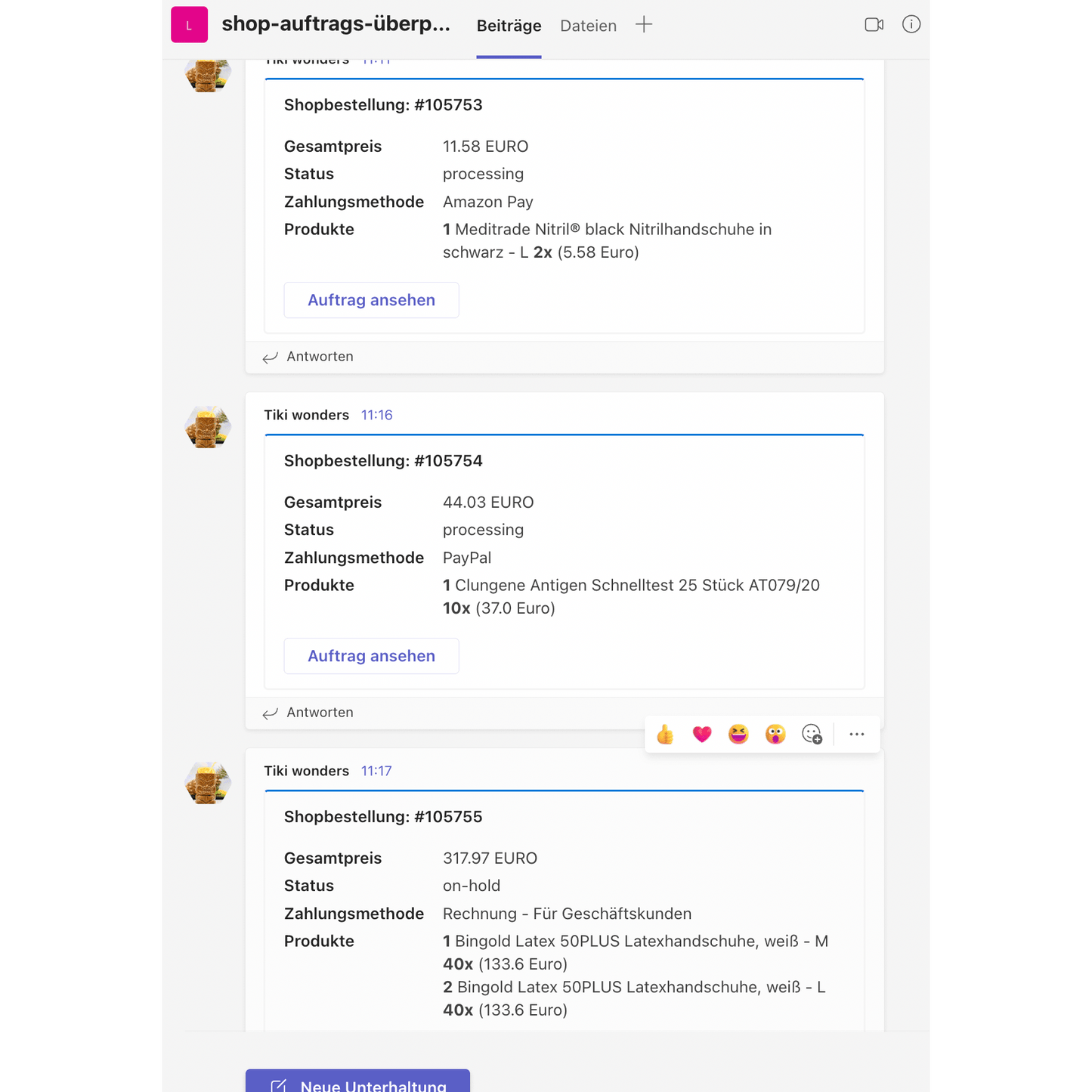Screenshot of a social media platform displaying a thread about shop orders with TeamsAlert/SlackAlert from Altruan. Multiple users post details about orders, including product descriptions, quantities, and prices.