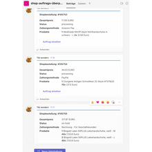 Screenshot of a social media platform displaying a thread about shop orders with TeamsAlert/SlackAlert from Altruan. Multiple users post details about orders, including product descriptions, quantities, and prices.