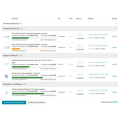 Screenshot of a Shopify B2B ordering tool by Altruan that displays medical supplies such as wound care products, gloves, and disinfectants, along with images, quantities, customer-specific prices, and a total amount of 0.00 €.