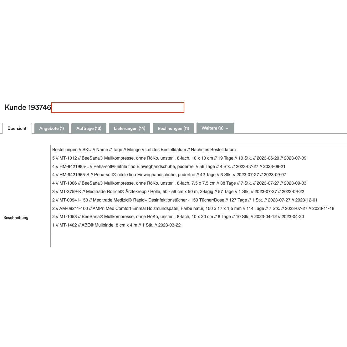 A screenshot of Altruan's Shopify B2B ordering tool (which includes an order reminder and customer-specific prices) in German shows Customer 193746 with customized prices. The order table lists SKUs, item names, quantities, and dates under "Description."