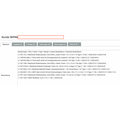 A screenshot of Altruan's Shopify B2B ordering tool (which includes an order reminder and customer-specific prices) in German shows Customer 193746 with customized prices. The order table lists SKUs, item names, quantities, and dates under "Description."