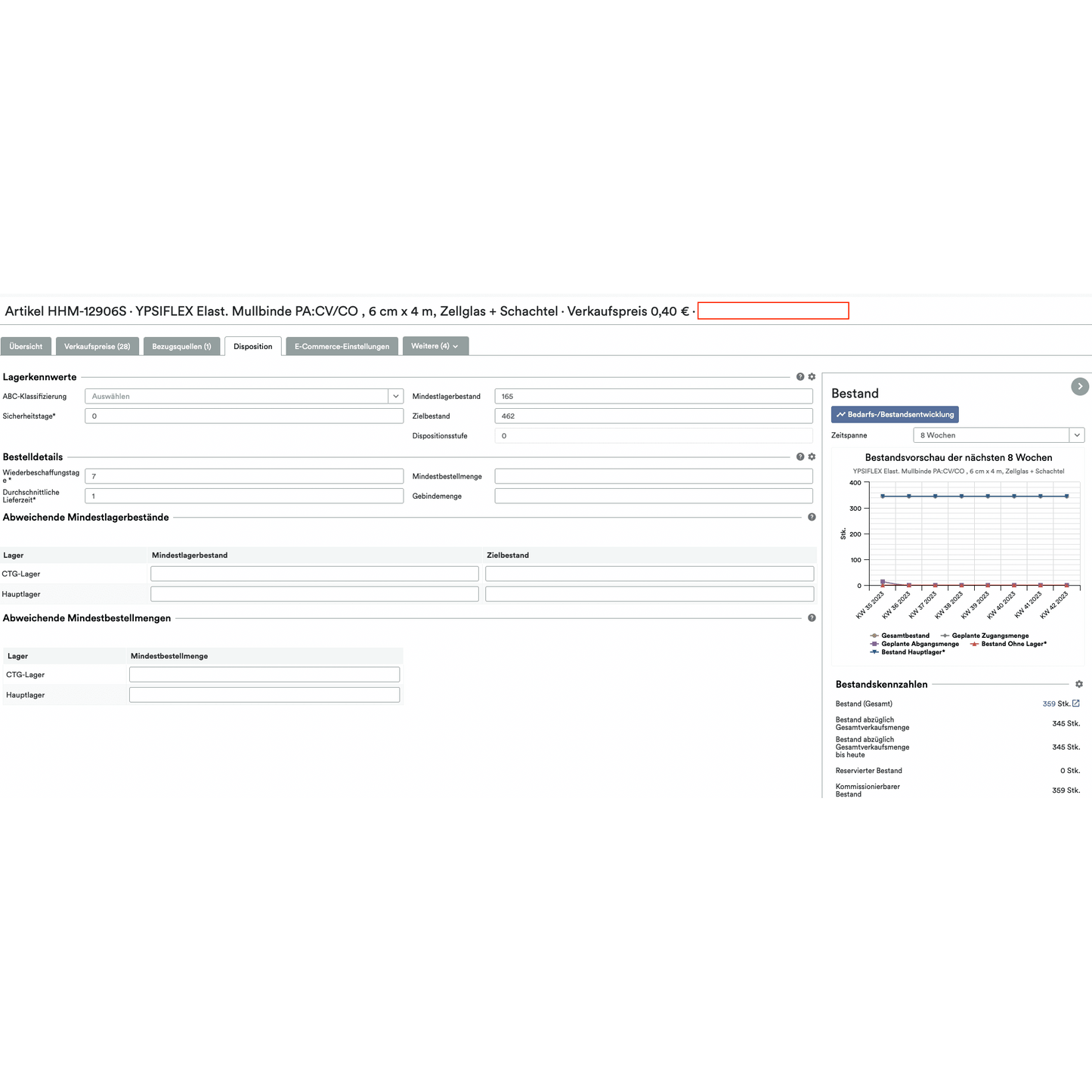 Screenshot of a computer interface with detailed product information for an item titled "SmartStock Calculator: Weclapp Minimum and Target Stock Calculator by Consumption," displaying various attributes, prices, and a sales chart via the cloud-based Altruan.