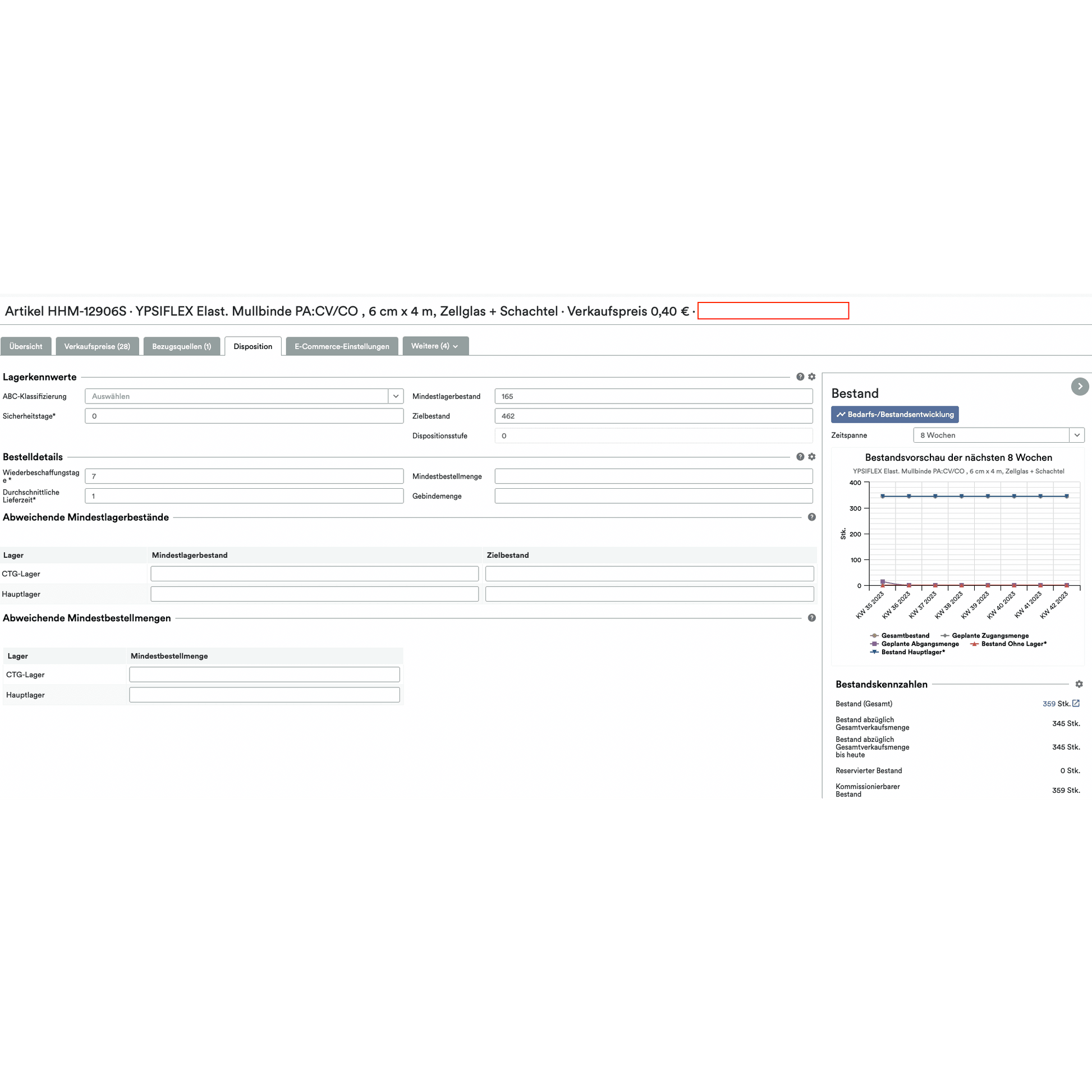 Screenshot of a computer interface with detailed product information for an item titled "SmartStock Calculator: Weclapp Minimum and Target Stock Calculator by Consumption," displaying various attributes, prices, and a sales chart via the cloud-based Altruan.