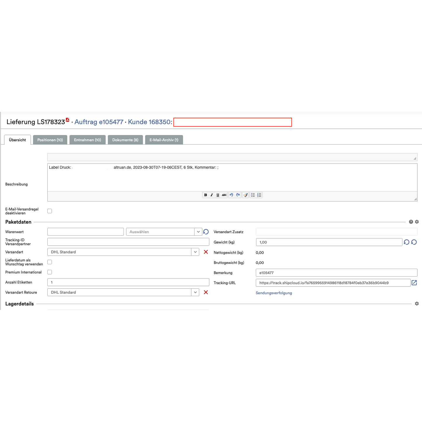 Screenshot of the logistics software interface of the Altruan PackMaster App, showing an order with customer number and containing text fields and dropdown menus for shipping details, including delivery method and packaging options.