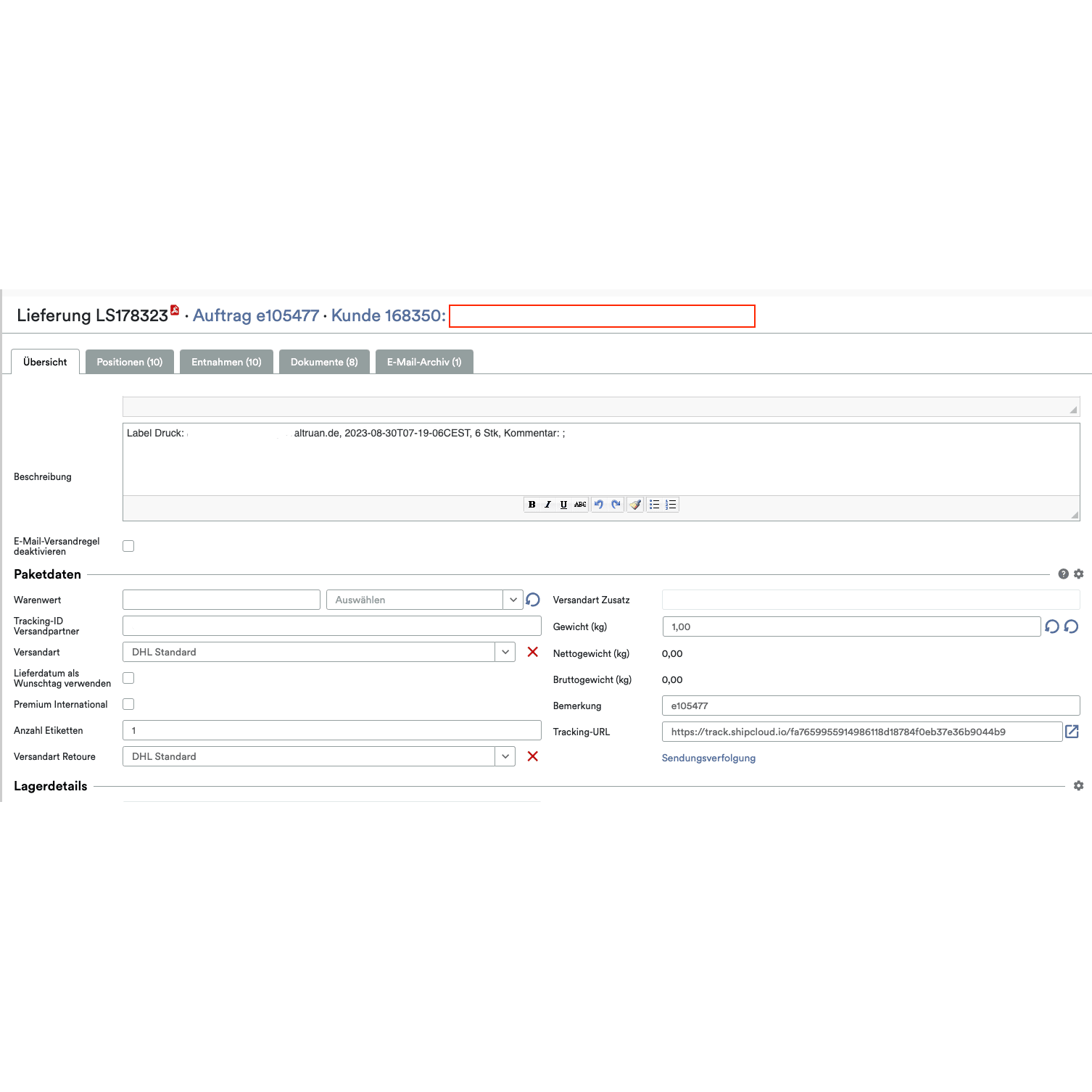 Screenshot of the logistics software interface of the Altruan PackMaster App, showing an order with customer number and containing text fields and dropdown menus for shipping details, including delivery method and packaging options.