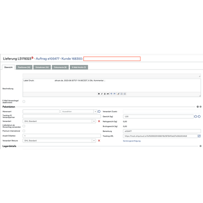 Screenshot of the logistics software interface of the Altruan PackMaster App, showing an order with customer number and containing text fields and dropdown menus for shipping details, including delivery method and packaging options.