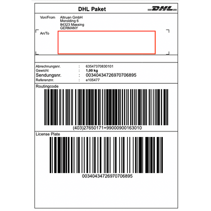 A DHL label from Altruan GmbH (Morolding 6, 84323 Massing, Germany) contains barcodes and a weight of 1.00 kg with the tracking number 00340434276970706895. The recipient address is empty for updates via the PackMaster App: Weclapp Logistics Packing App to improve the efficiency of shipping labels.