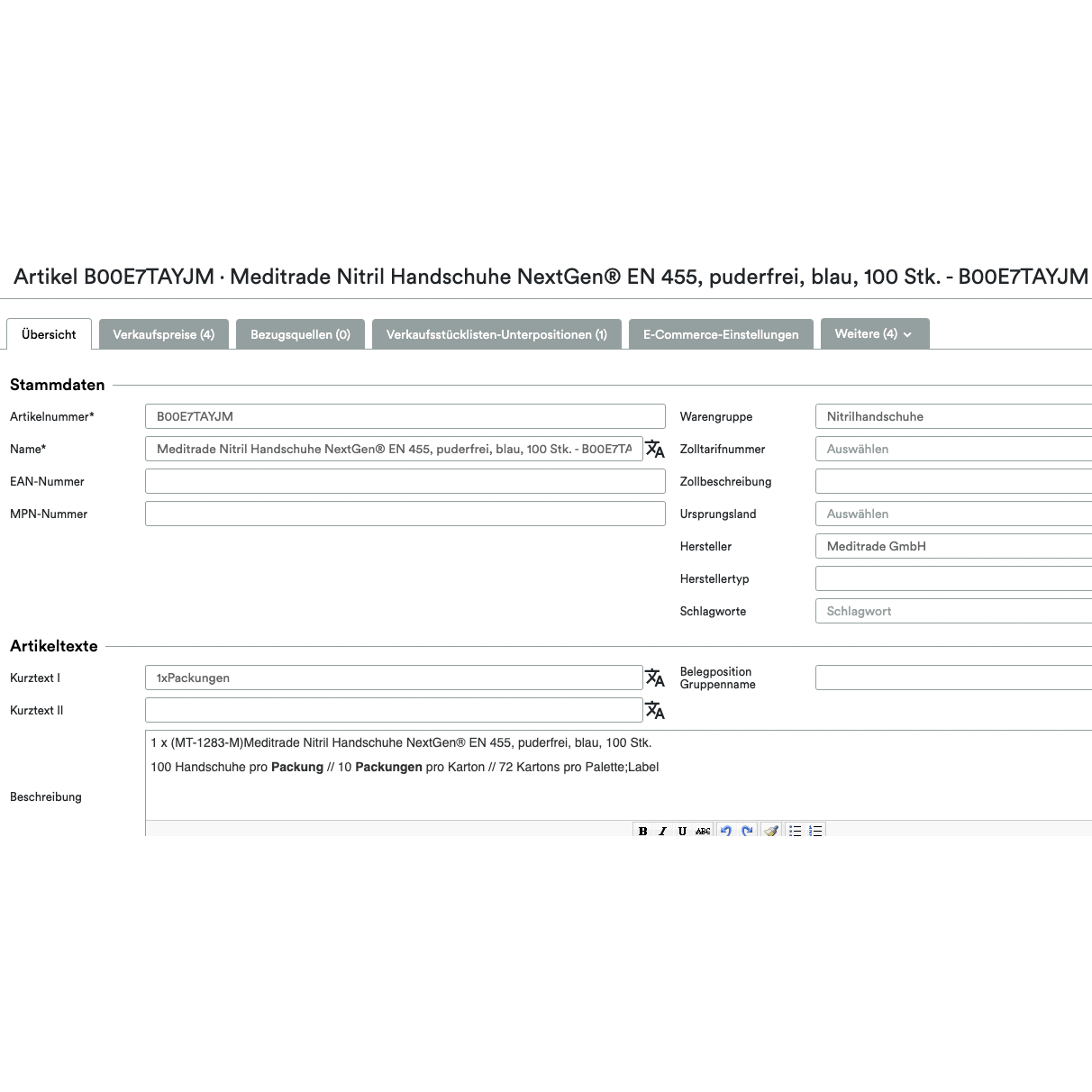 Screenshot of a UnitTable Sync: Weclapp Packaging Units and Bill of Materials Generator page for Meditrade Nitrile Gloves NextGen EN 455, displaying details like item name, description, packaging units, and supplier information in Altruan.