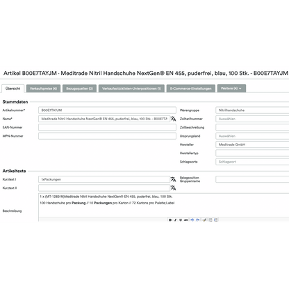 Screenshot of a UnitTable Sync: Weclapp Packaging Units and Bill of Materials Generator page for Meditrade Nitrile Gloves NextGen EN 455, displaying details like item name, description, packaging units, and supplier information in Altruan.