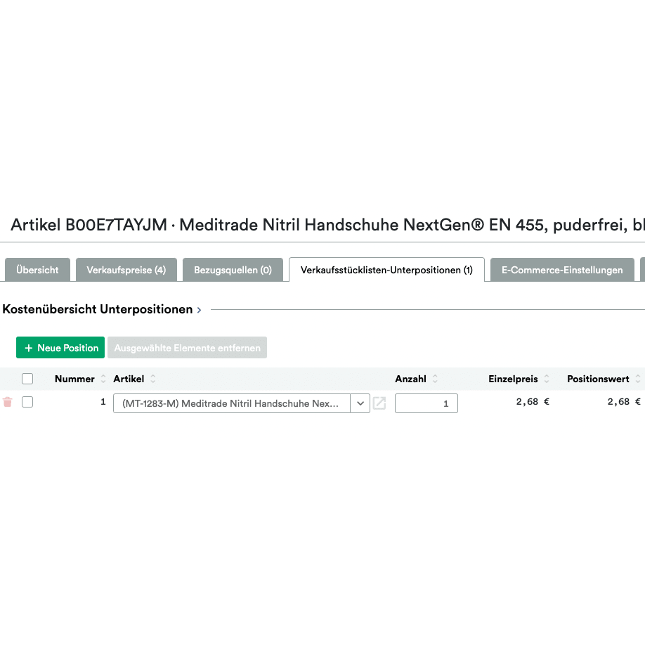 Screenshot of a website page displaying an order for "UnitTable Sync: Weclapp Packaging Units and Bill of Materials Generator" with Amazon ASINS, quantity, and price in a grid view.