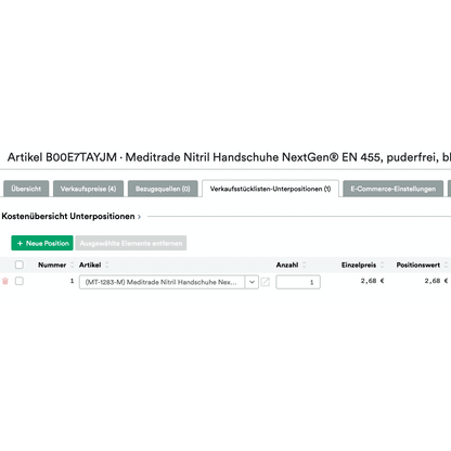 Screenshot of a website page displaying an order for "UnitTable Sync: Weclapp Packaging Units and Bill of Materials Generator" with Amazon ASINS, quantity, and price in a grid view.