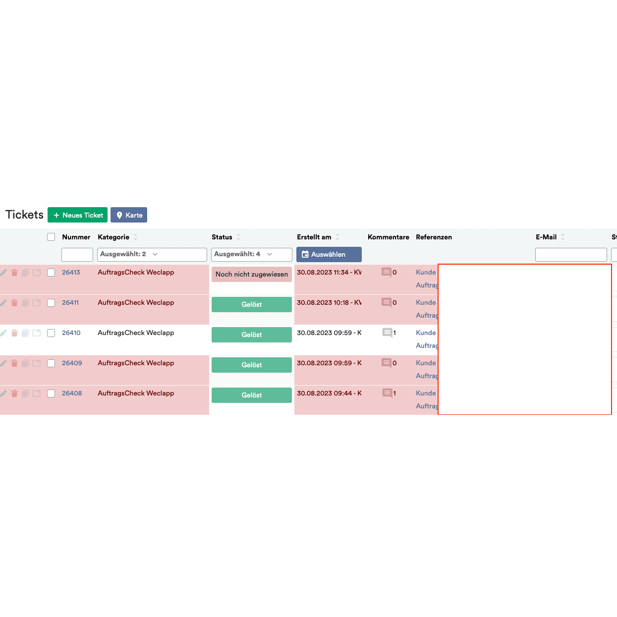 Screenshot of OrderGuardian: Weclapp Order Verification System showing multiple ticket entries with details such as ticket number, category, status, customer, and date, highlighted by a red rectangle in a section of the Altruan cloud service.