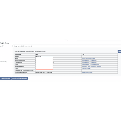 A screenshot of a website showing an invoice detail form with fields such as amount, billing address, and others for "purchase on account," highlighted by a red box around an empty section using Altruan's OrderGuardian: Weclapp Order Verification System.