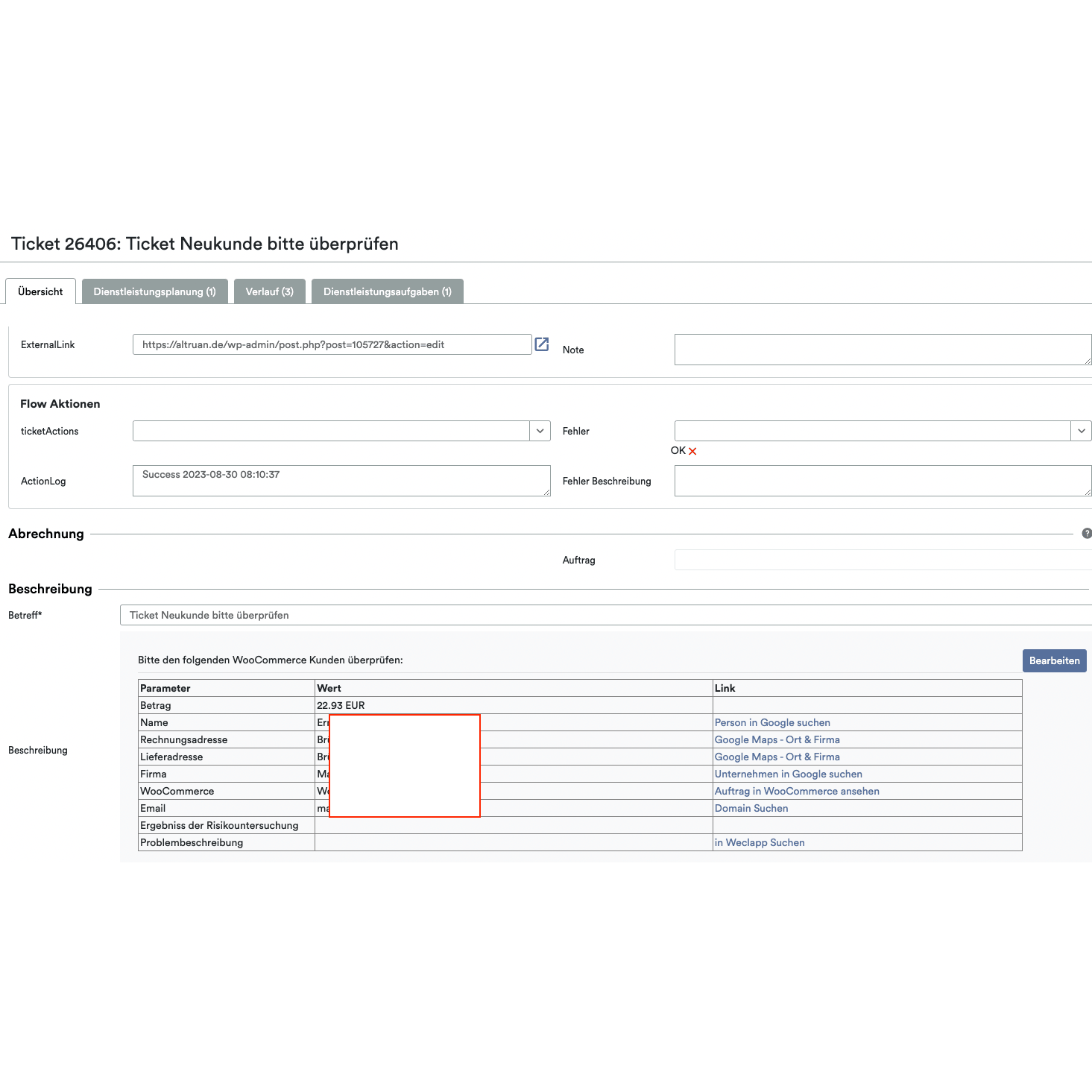 Screenshot of the interface of a ticket system of a cloud service displaying various fields such as "ticket details," "journal," and "customer," with information about a transaction, including item costs, highlighted in a red field. OrderGuardian by Altruan is used.