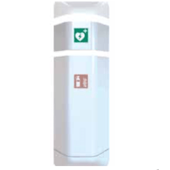 The Novocal help essay defibrillator from Novocal is a white, rectangular wall device with a green defibrillator sign and pink first aid symbol, perfect for emergency kit storage and supporting life-saving measures.