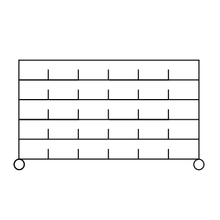 A black-and-white diagram shows a 5x5 grid with circles at each lower corner, illustrating the Novocal sorting shelf cart made of precision steel, nickel-plated and high-gloss chrome-plated, with 4 corner posts (1 piece).