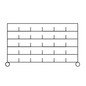 A black-and-white diagram shows a 5x5 grid with circles at each lower corner, illustrating the Novocal sorting shelf cart made of precision steel, nickel-plated and high-gloss chrome-plated, with 4 corner posts (1 piece).