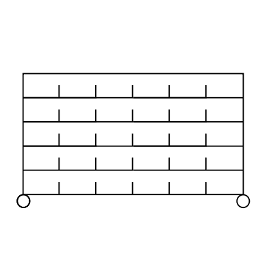 A simple line drawing of the Novocal sorting shelf cart (precision steel, nickel-plated, high-gloss chrome, 4 corner posts) shows five shelves with vertical sections and two small circles at each lower corner. Package: 1 piece.