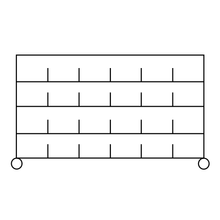 A black and white line drawing shows the Novocal sorting shelf cart made of precision steel with 3 levels and 5 compartments each, ideal for office organization. The shelf is supported by 4 chrome corner posts. The package contains 1 piece.