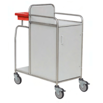 The Novocal station trolley features a fully welded stainless steel frame, four wheels, a white storage cabinet, a side handle, top rails, and a red container - perfect for hospitals that need reliable and hygienic transport solutions.