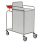 The Novocal station trolley features a fully welded stainless steel frame, four wheels, a white storage cabinet, a side handle, top rails, and a red container - perfect for hospitals that need reliable and hygienic transport solutions.