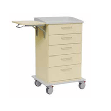 The Novocal Foldable Writing Board is a beige medical cart by Novocal with five drawers, four wheels, and a practical foldable writing board that serves as a pull-out side shelf.