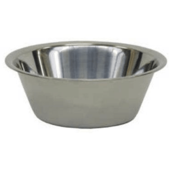 The Novocal bowl for bowl stands is a bowl made of stainless steel with an upper inner diameter of 290 mm and a lower outer diameter of 190 mm. It features a wide rim and a smooth, mirror-like surface on a white background. Package (1 piece).