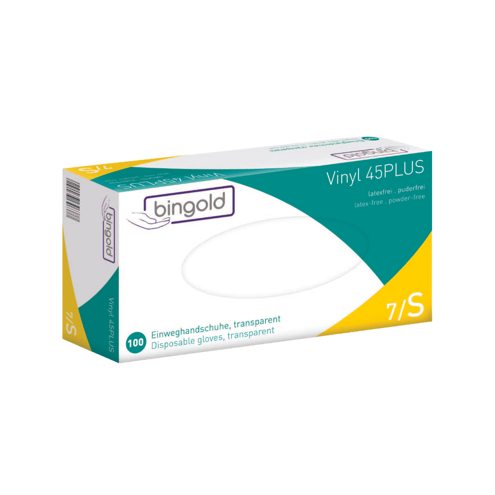 Shown is a box of Bingold Vinyl 45PLUS disposable gloves from BINGOLD GmbH + Co. KG, whose yellow-white packaging emphasizes the properties as a latex alternative and highlights the powder-free nature. The box contains 100 transparent gloves in size 7/S.