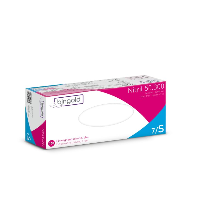 A rectangular box from BINGOLD GmbH + Co. KG Bingold Nitril 50.300, blue, size 7/S, contains 100 food-safe blue disposable gloves for laboratory use. The predominantly white packaging is accented with blue and pink and has text.