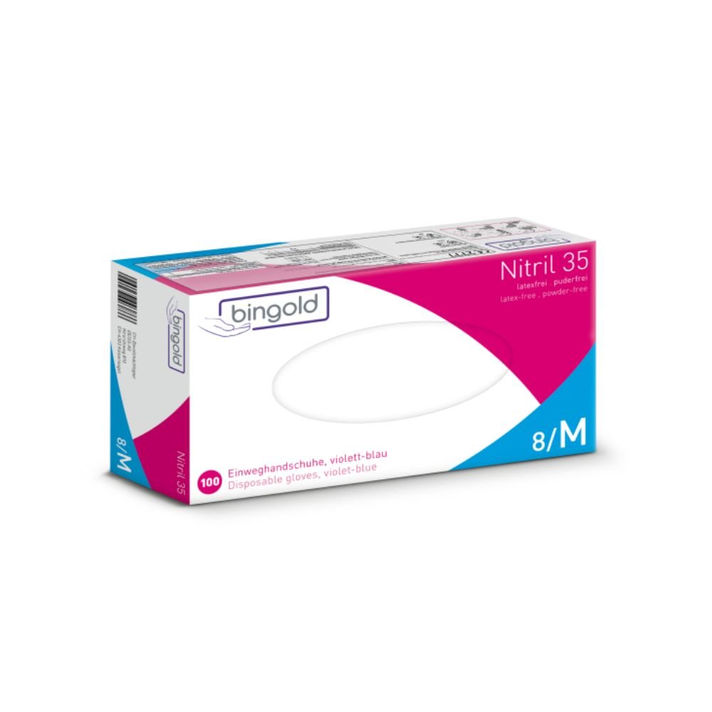 A pack of Bingold Nitrile 35 powder-free disposable gloves from BINGOLD GmbH + Co. KG, size 8/M, contains 100 violet-blue nitrile gloves. The packaging includes German and English product information with a color code strip for quick identification against chemical hazards.