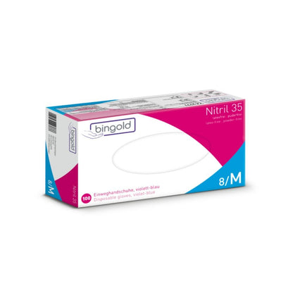 A pack of Bingold Nitrile 35 powder-free disposable gloves from BINGOLD GmbH + Co. KG, size 8/M, contains 100 violet-blue nitrile gloves. The packaging includes German and English product information with a color code strip for quick identification against chemical hazards.