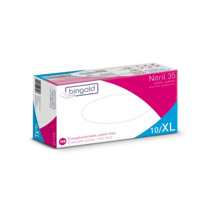 The Bingold Nitrile 35 disposable gloves from BINGOLD GmbH + Co. KG in violet-blue are latex and powder-free. Available in size XL with 100 gloves per carton, these nitrile butadiene rubber gloves provide protection against chemical hazards. Packaged in blue and white with product details provided.