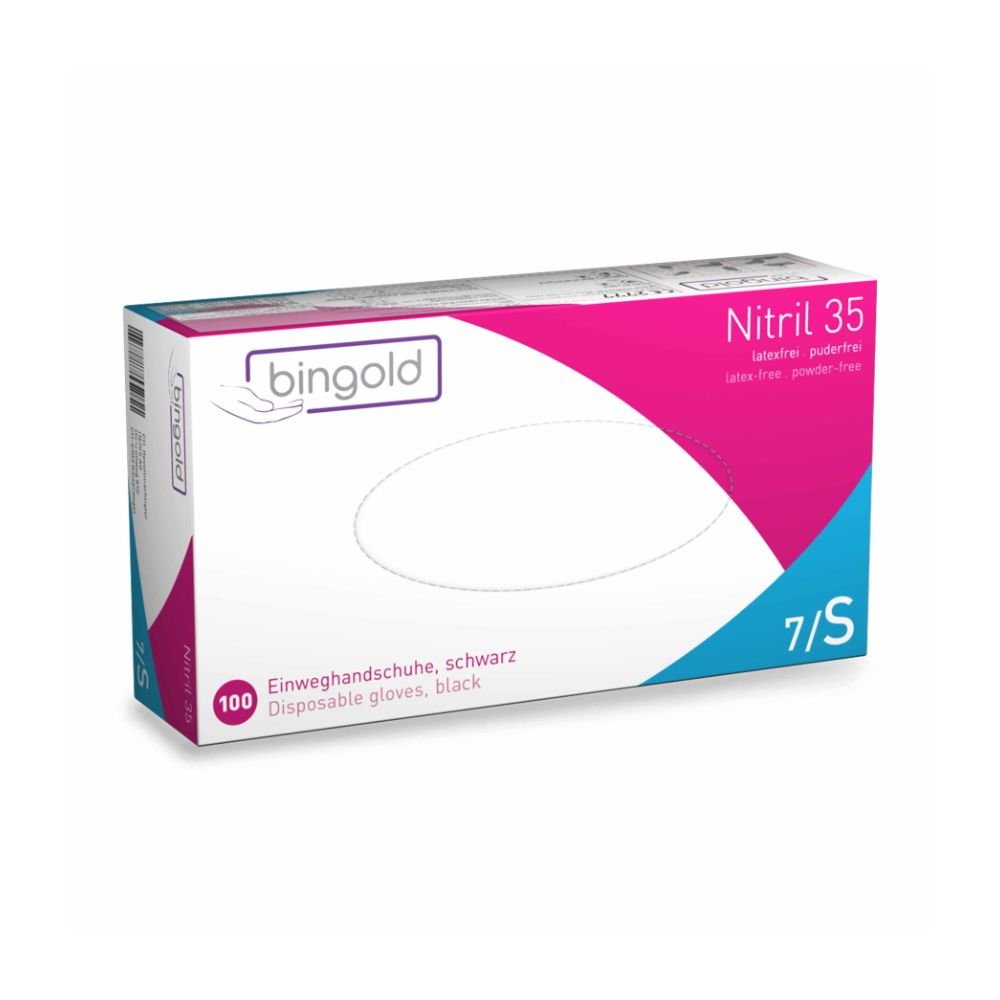 A box of Bingold Nitrile 35 powder-free disposable gloves, size 7/S, has a pink-white design. These black gloves are made from nitrile butadiene rubber, provide protection against chemical hazards, have micro-textured fingertips for better grip, and contain 100 latex-free gloves.