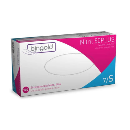 A box of Bingold Nitrile 50PLUS disposable gloves from BINGOLD GmbH + Co. KG in blue and pink colors is latex-free and powder-free, contains 100 blue gloves of size 7/S, ideal for protection against chemical hazards.