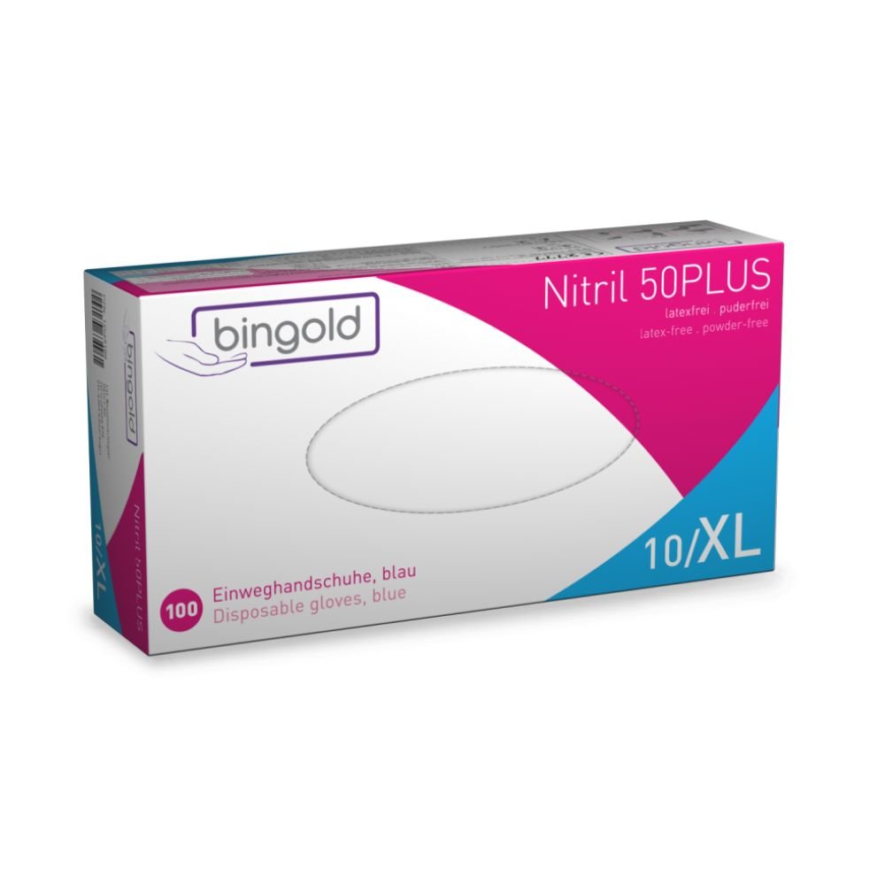 The predominantly blue-white with magenta stripe designed Bingold Nitrile 50PLUS disposable gloves box from BINGOLD GmbH + Co. KG contains 100 latex-free, powder-free blue gloves of size 10/XL for safe handling of chemical hazards.