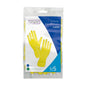 The Bingold protective gloves Latex in size 7/S are delivered in a clear packaging with a printed label showing yellow gloves. The German text emphasizes that it is natural latex for professional cleaning purposes.