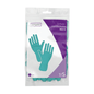 A plastic packaging labeled “Bingold Protective Gloves Nitrile, Green” from BINGOLD GmbH + Co. KG shows blue-green nitrile gloves depicted. It is marked with size 7/S, has a transparent packaging that reveals the gloves inside, and is classified in the PPE category III for chemical solvents.