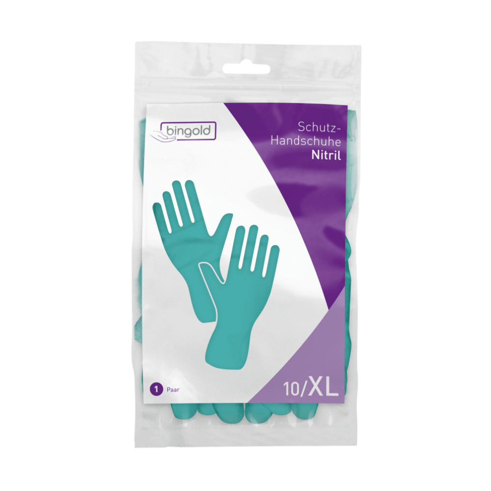 The BINGOLD Protective Gloves Nitrile from BINGOLD GmbH + Co. KG, size 10/XL, are delivered in a clear packaging with a purple-white design. The front shows two blue-green gloves that are ideal for use in chemical hazards.