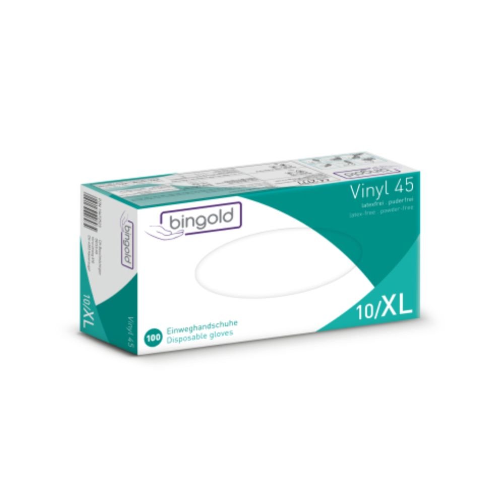 Bingold Vinyl 45 Disposable Gloves from BINGOLD GmbH + Co. KG are available in size 10/XL and are packaged in a white box with green and purple accents, as well as English and German product details. The box contains 100 transparent, latex-free, powder-free gloves of protection class CAT III.