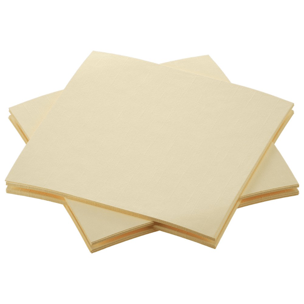 A set of four Bio Dunisoft® napkins from Duni GmbH in elegant beige is neatly arranged, with each napkin slightly overlapping the others. With a subtle texture pattern and a white background, these napkins are perfect for lovers of sustainable gastronomy.