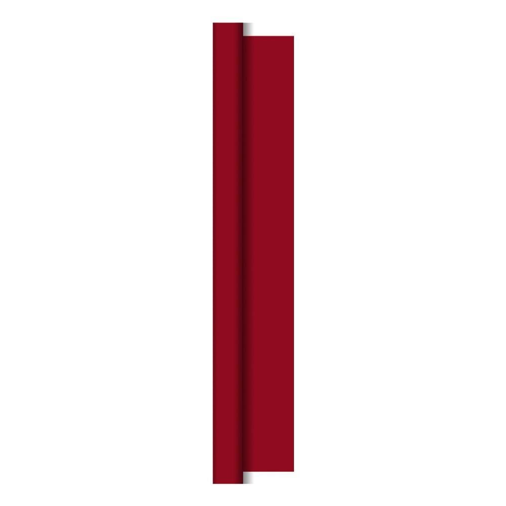 A vertical, rectangular strip of deep red Duni Dunicel tablecloth rolls (1.18 m x 10 m) from Duni GmbH is partially rolled inward on both sides and casts a soft shadow on a plain white background.