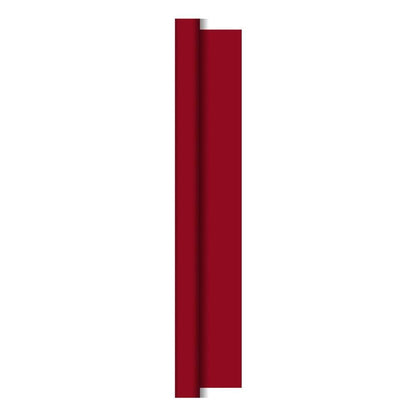 A vertical, rectangular strip of deep red Duni Dunicel tablecloth rolls (1.18 m x 10 m) from Duni GmbH is partially rolled inward on both sides and casts a soft shadow on a plain white background.